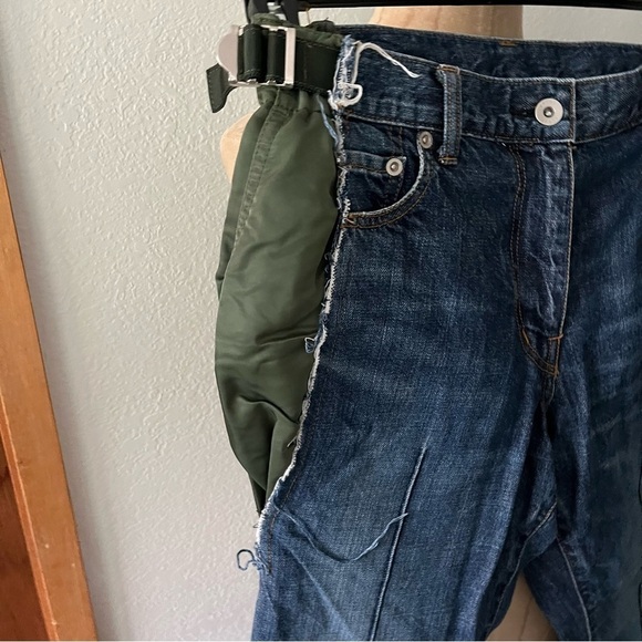 SACAI Japan sz 0  XS Deconstructed Blue DENIM JEANS Green Accent - Picture 2 of 14
